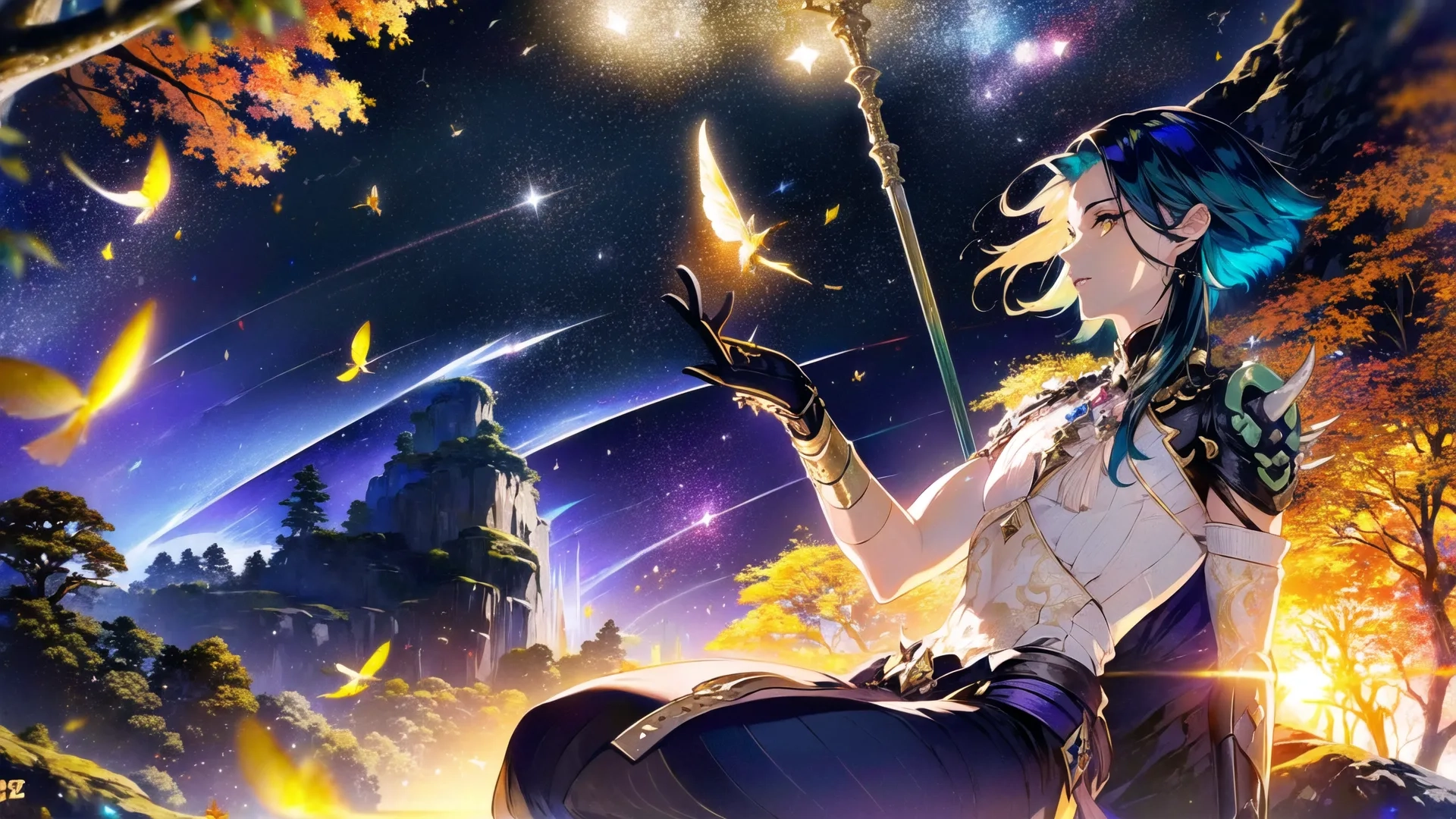 the girl with the crown is holding a sparkle wand sitting under a star formation while in the background, there is a mountain with a firework of trees and light