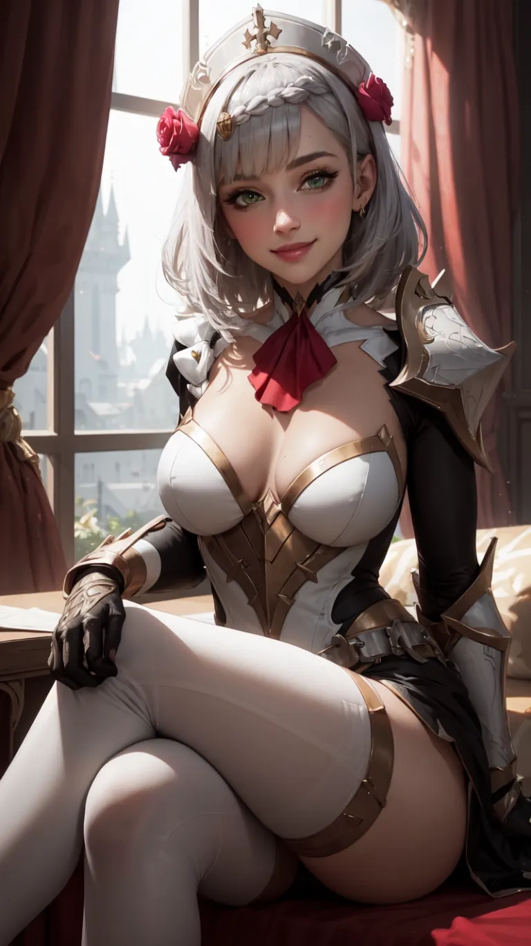 a girl dressed in cos posing for a photo on a red couch with a window behind her, in a cosplay image
