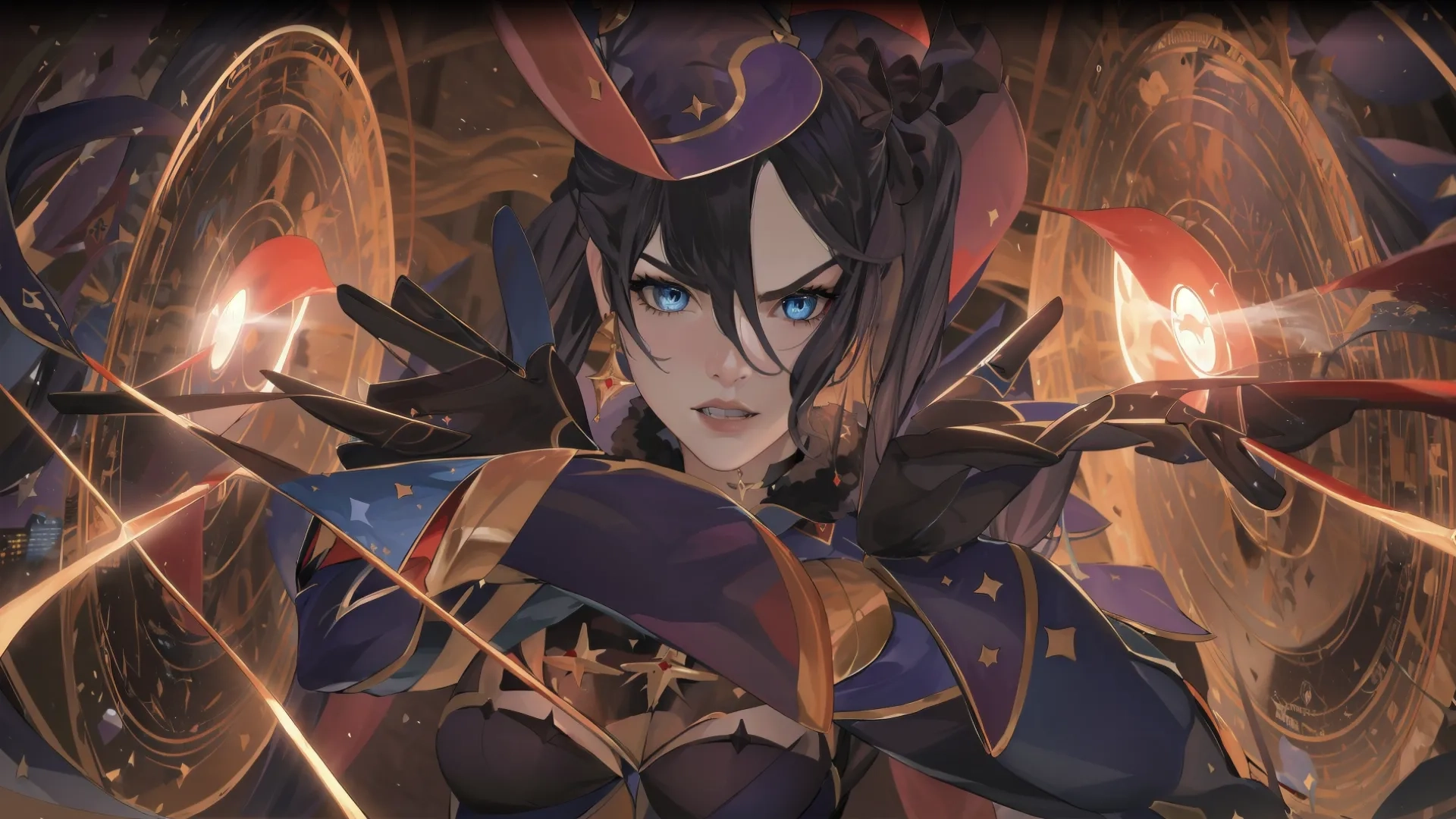 a picture of a female character from the game fire emblem awakening of arcadiaia, with stars and arrows around her shoulders and hands in the image
