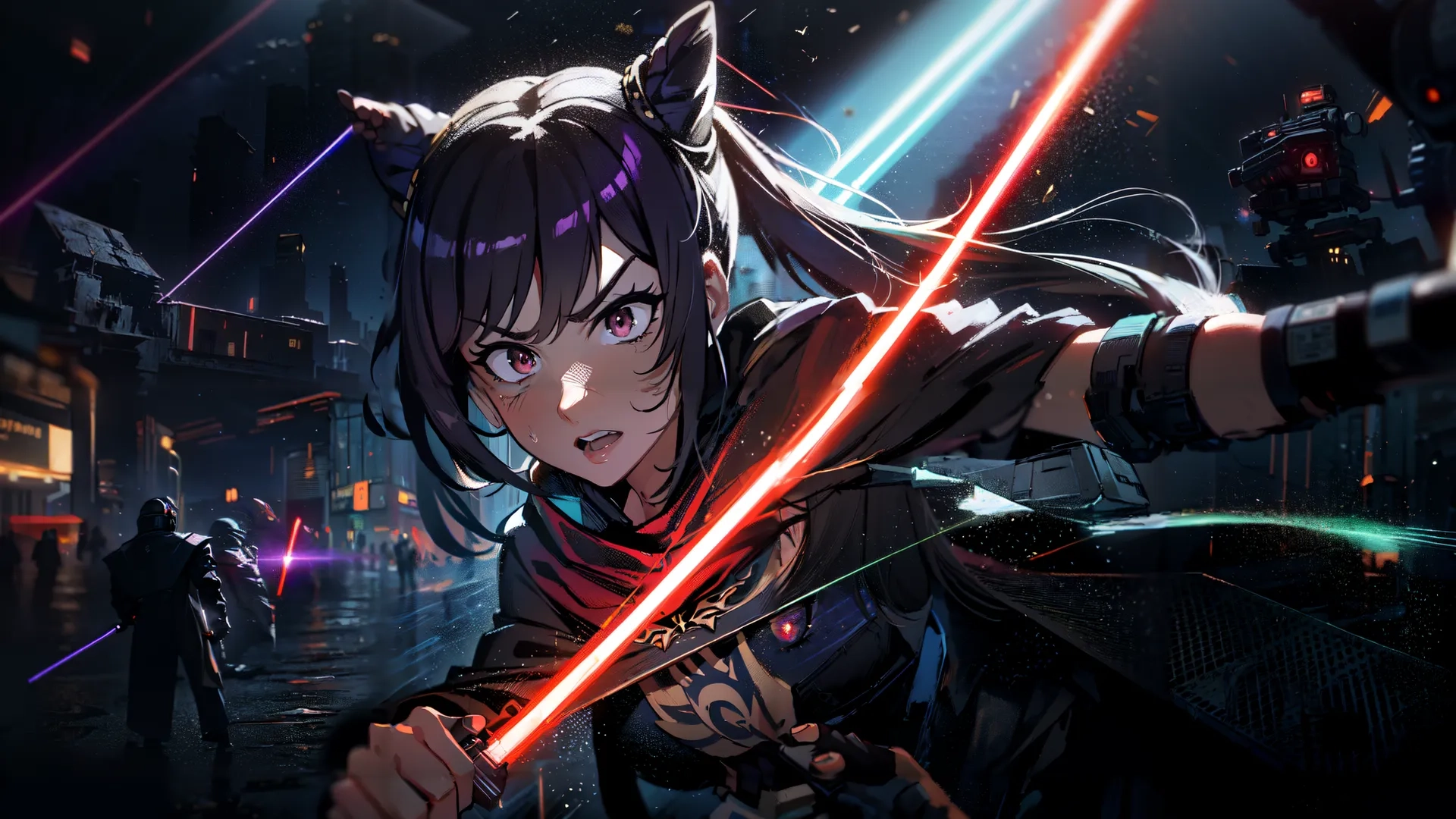 a anime girl getting into action with some lights on her sword in front of them and people and buildings in the background of it at night