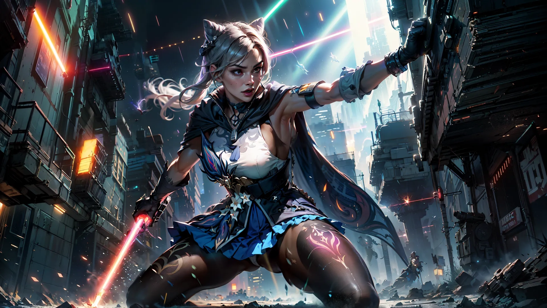 the girl is holding a futuristic light saber while she is walking down the sidewalk in the dark of the city with an explosion behind her
