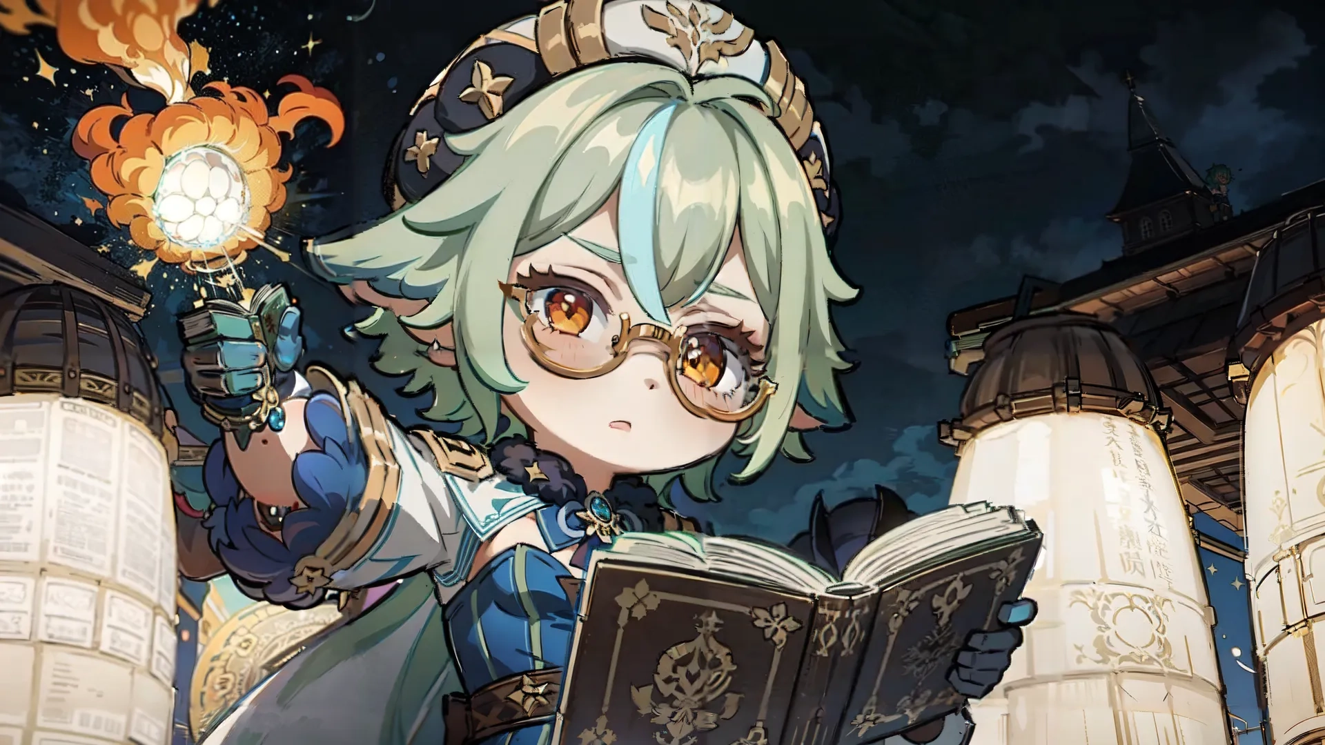 an anime girl holding a book and some books near a building with flames in it and looking at the viewer with her head up there