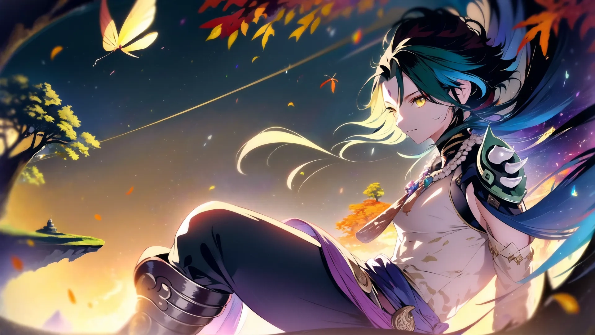 a very cute girl sitting in front of some leaves wearing nice clothes and hair, in a beautiful background with autumn trees, her eyes painted yellow