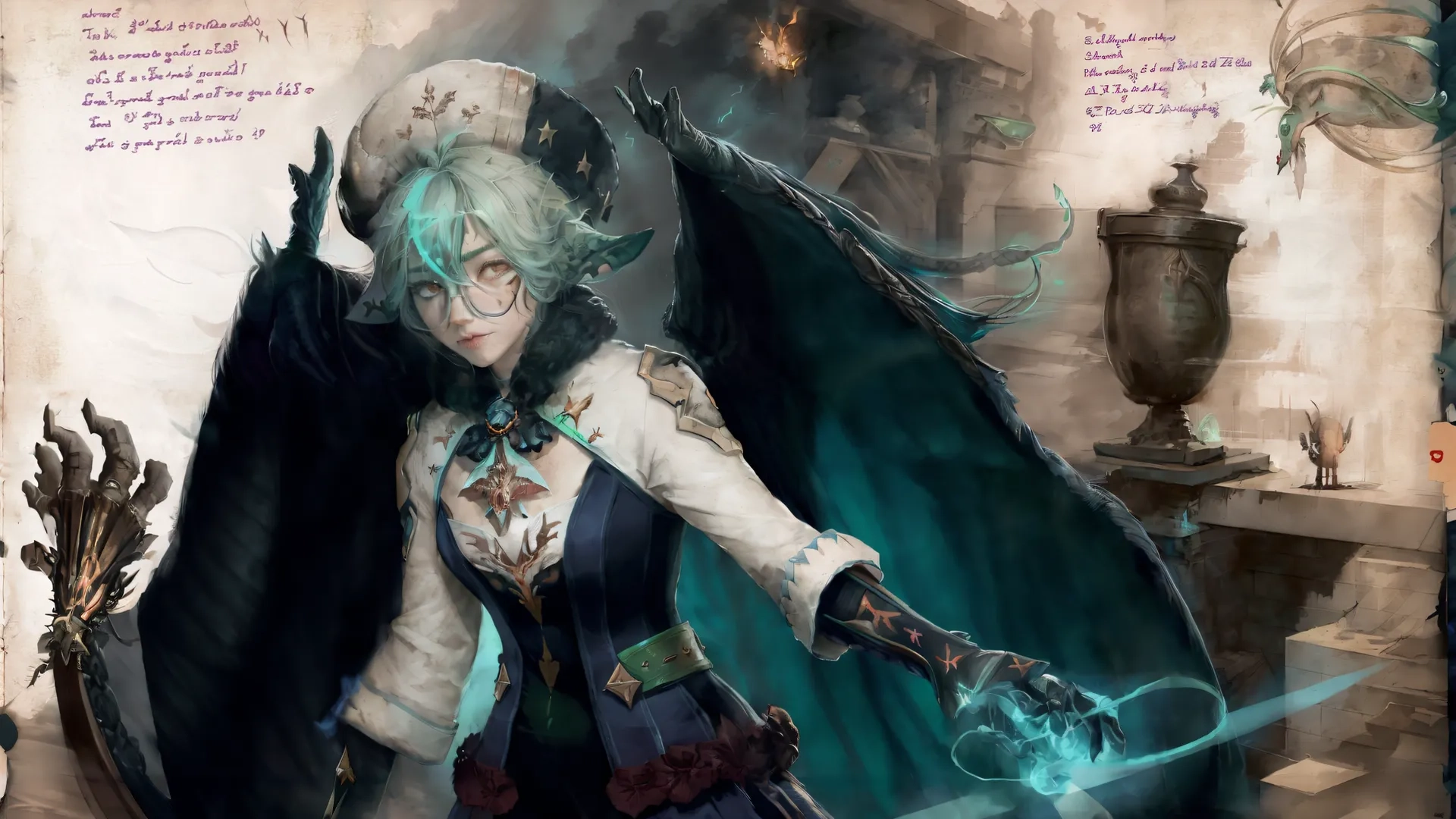 there is an artistic painting with many details on the back of it, including a woman and two dragon holding swords in one hand and wearing a black gloves and cloak
