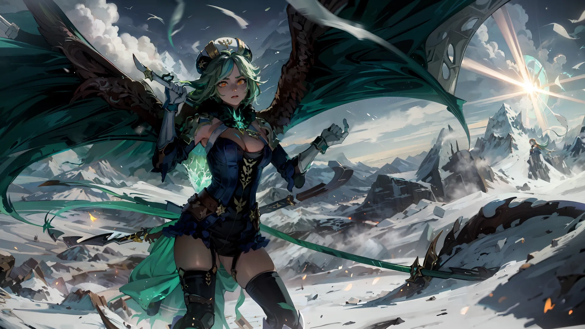 an icy mountain with a snow - covered, snow covered area and elves like characters standing on snow with wings in the air with bright green colors