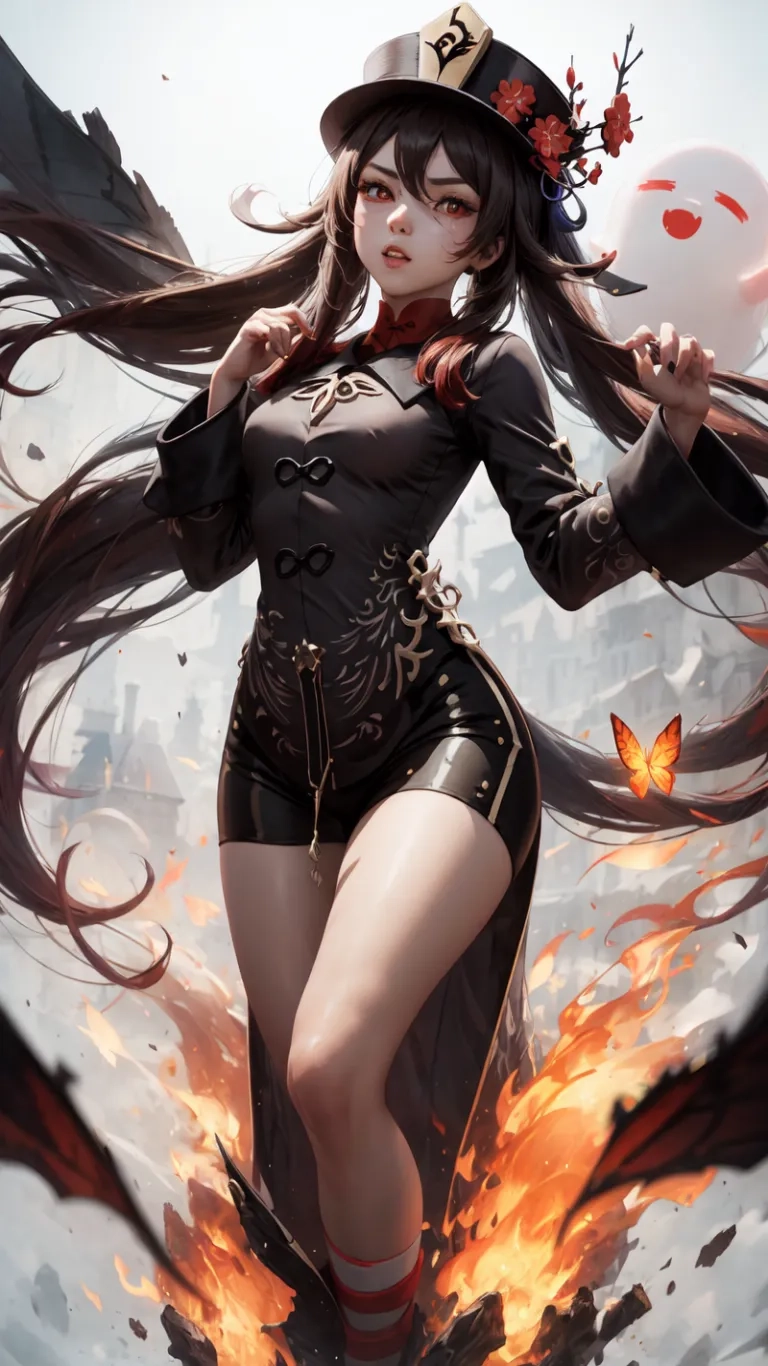 a pretty young lady wearing a top hat and leather boots standing in front of a very big fire while holding a wander, it's hands apart in her right hand
