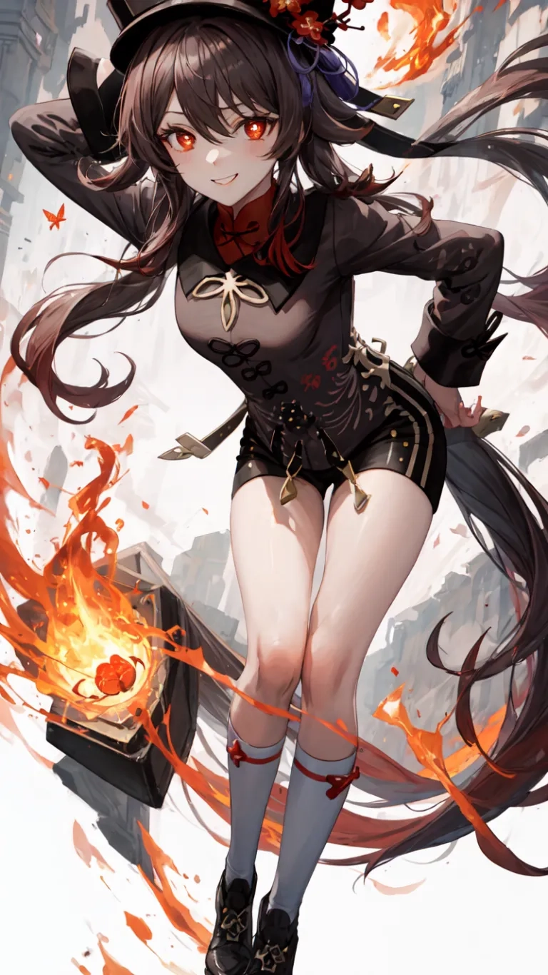 an anime character dressed with a fancy outfit on firework and holding a small candle, in flight over white background with flame behind her
