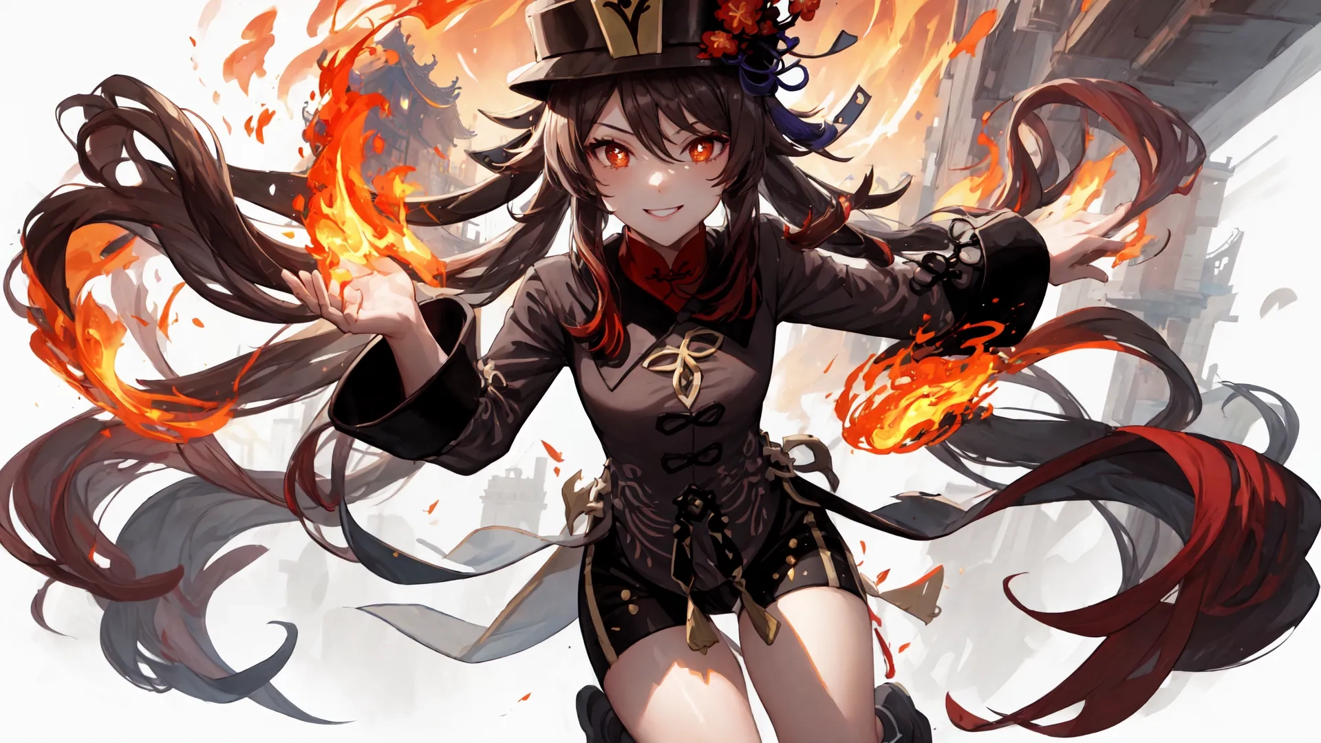 the girl is standing in front of some fire flames holding her arms spread out wide and an umbrella above her head is red with long black hair
