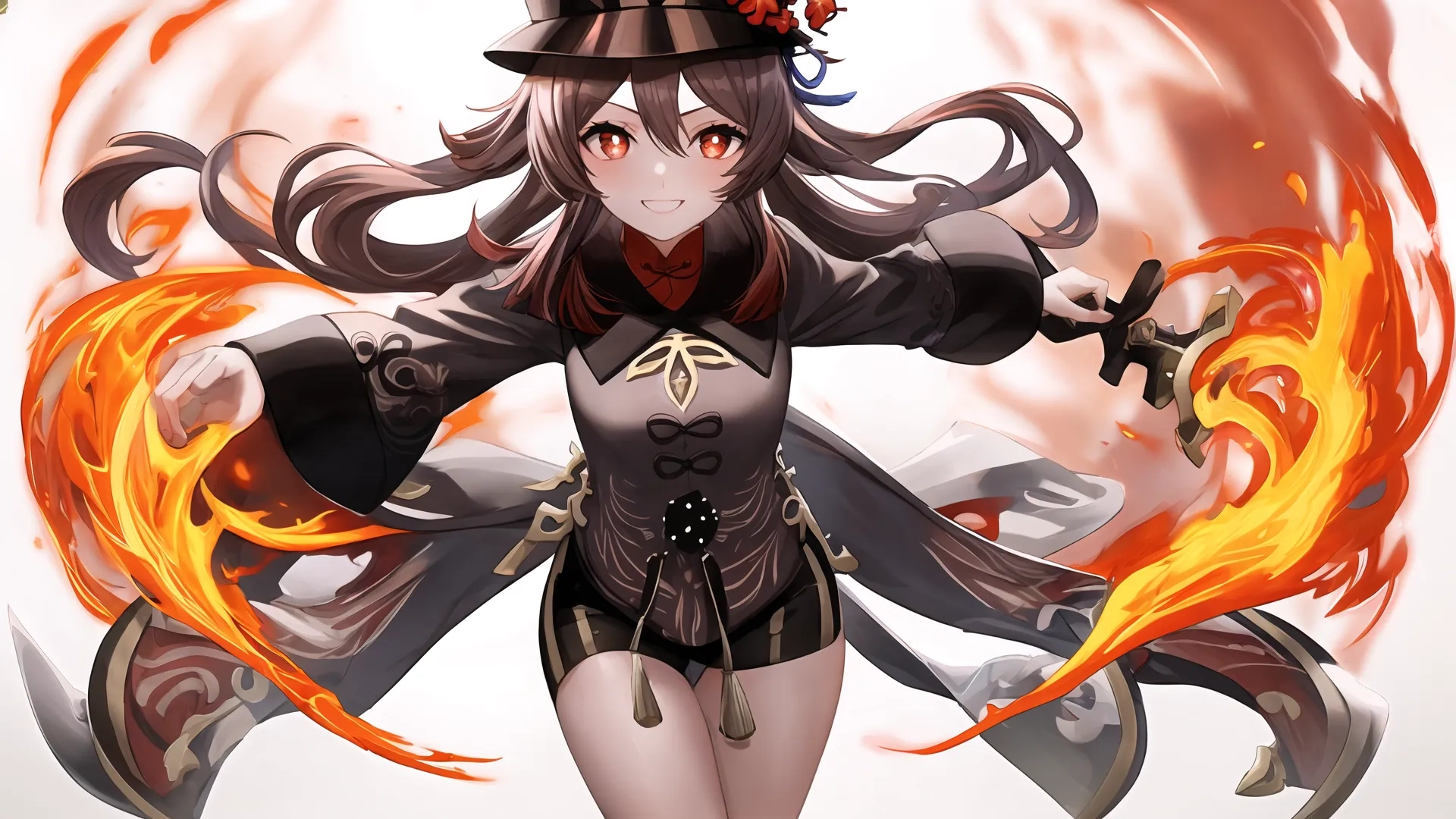 a girl on a fire ball in black, surrounded by flames and a black hat, wearing a black outfit and long black shorts with a top, a red rose on her arms