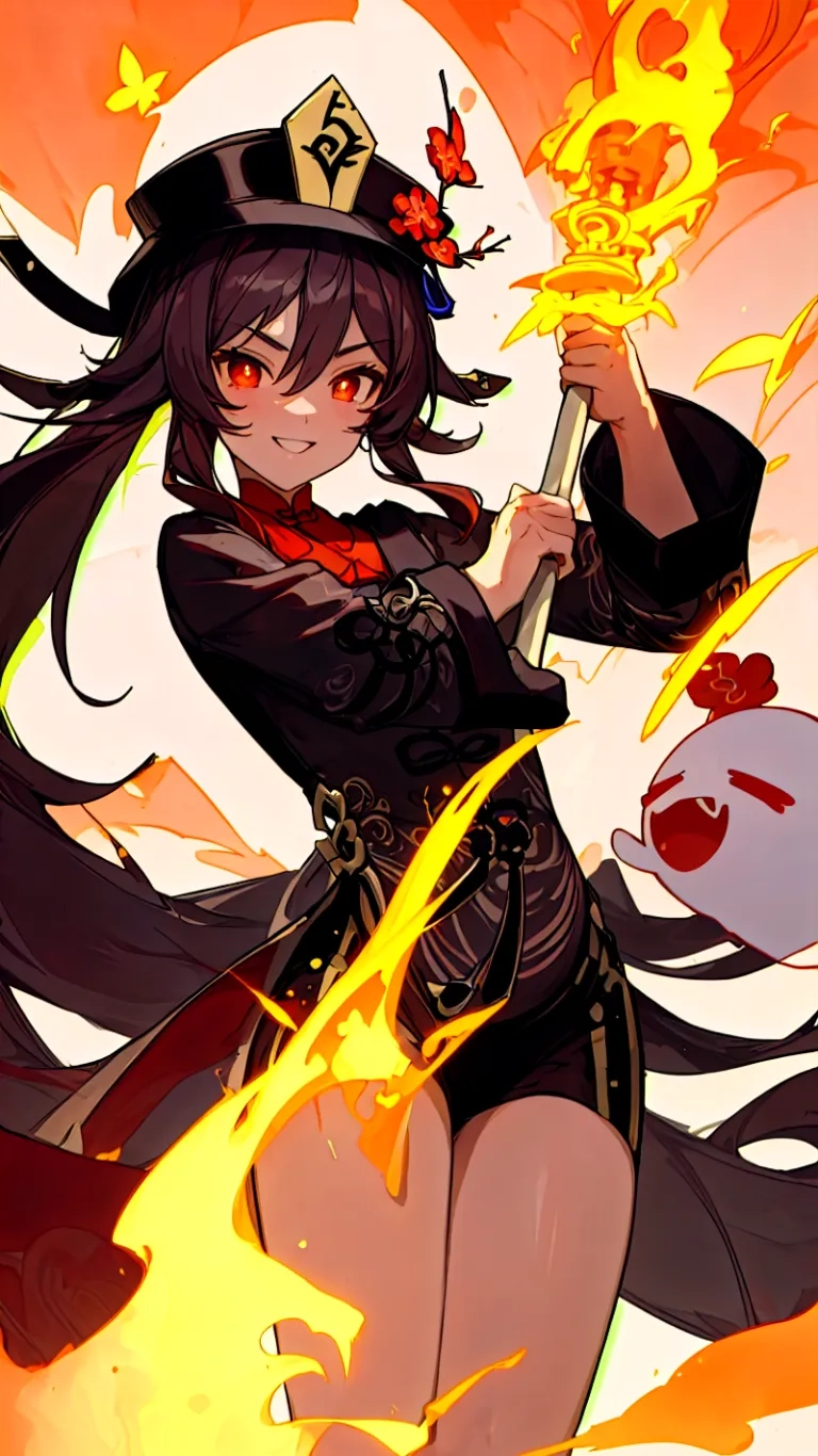 a beautiful lady standing and holding a stick next to fire bombs and butterflies flying around her and orange sky background behind her is a big red and yellow dot
