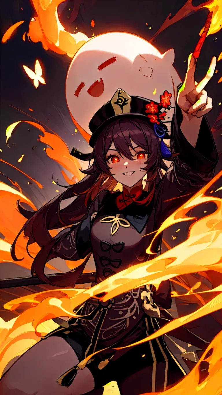 a girl in a uniform standing holding swords in front of the viewer and a flame behind her head and on the top corner of her