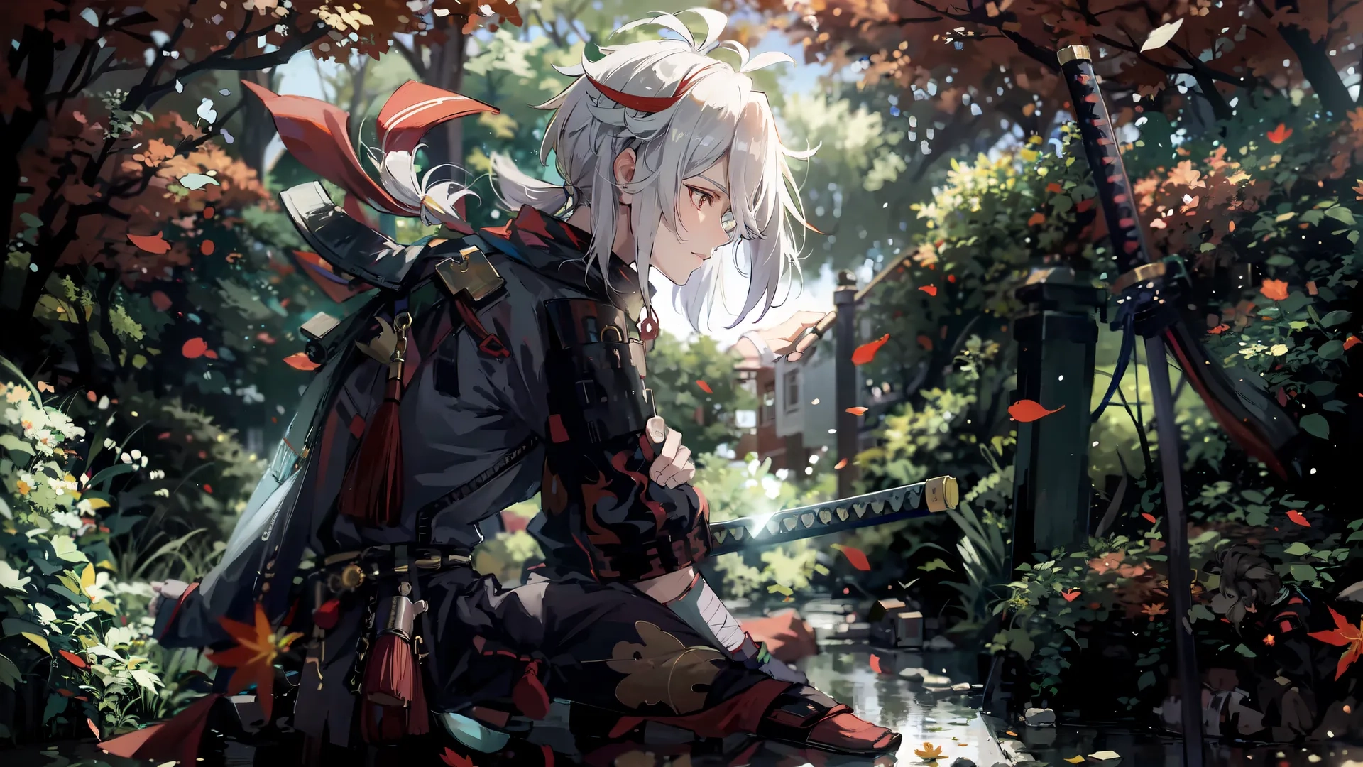 an animation painting of a man in his costume with a sword and a bird flying overhead near flowers on the ground, leaves, plants, and trees