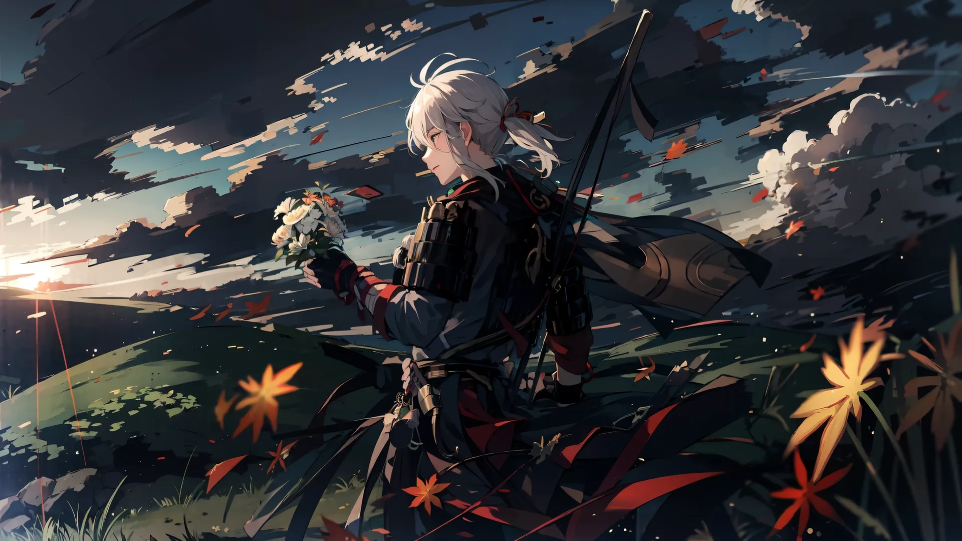 anime character with bow and arrows walking towards setting sun over field of flowers with arrow sticks and flowers in hand looking out to the left