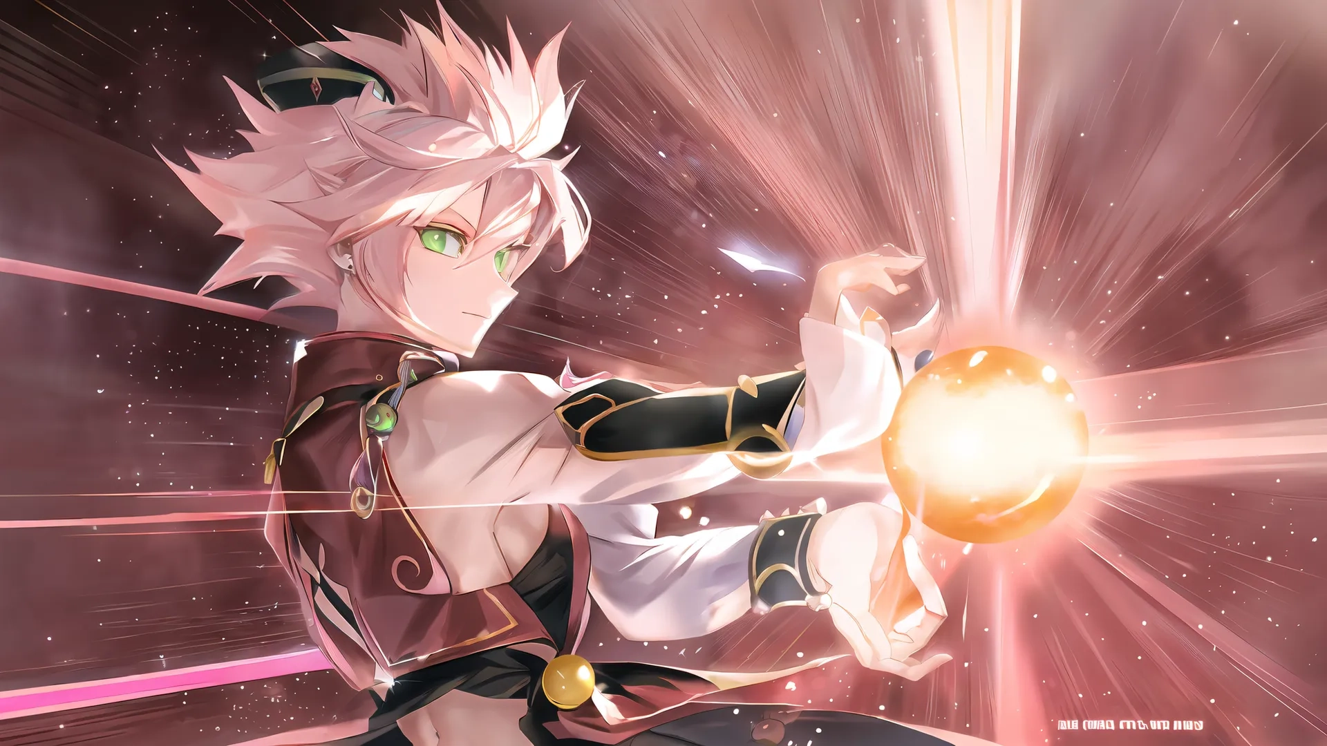 a anime with pink hair and a white shirt holding a small glowing ball in one hand and the other near her head with their hands
