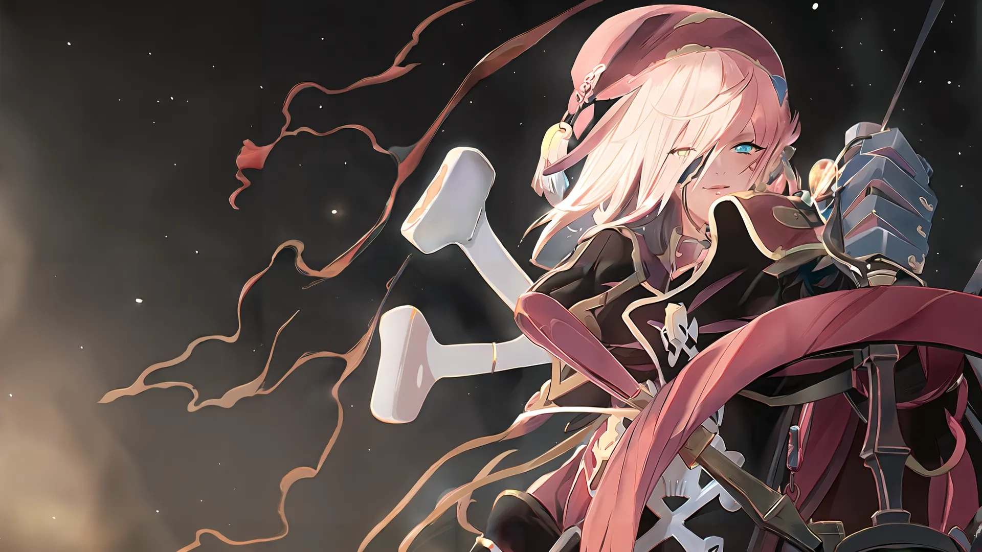 the image of an anime character with a sword in her hand at nighty skies, one of which is waving through the air and behind them
