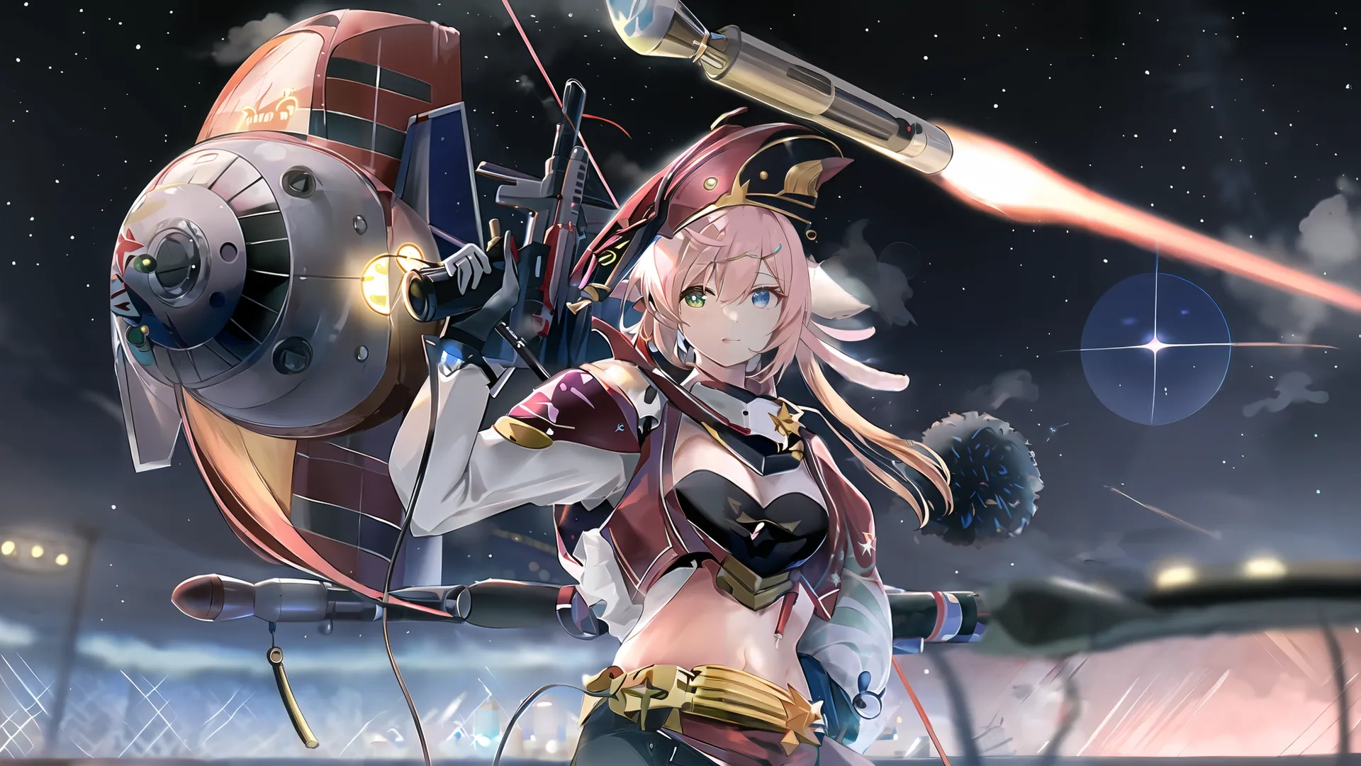 a woman with anime style weapon on her shoulder walking in water with small lights shining through the sky overhead and the stars of a plane