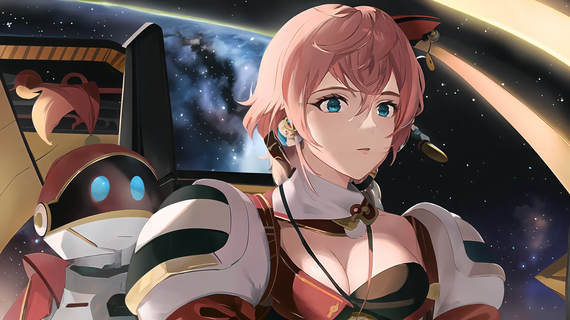 a anime woman is holding her camera by someone and the space in the background looks far too creepy in person's face, her left eye is bright blue with a big yellow
