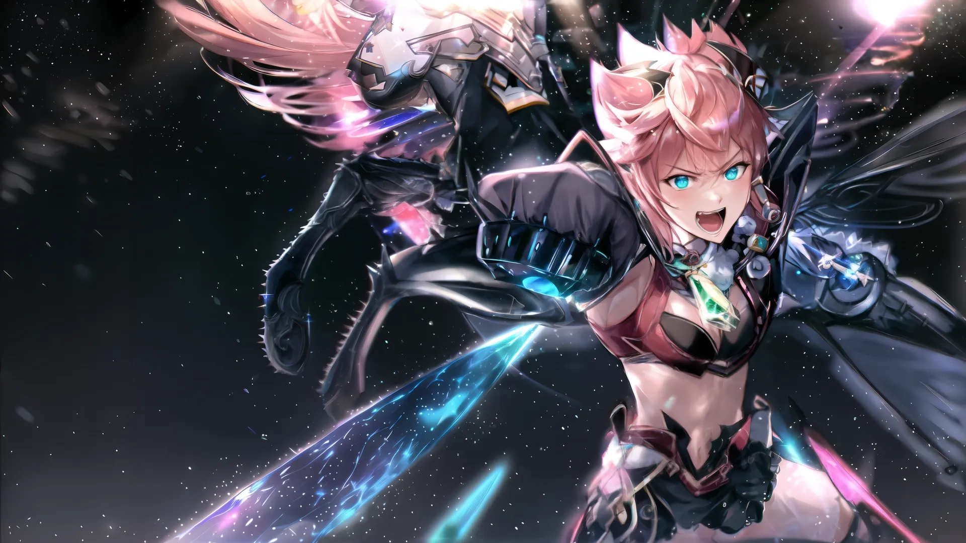 the woman is in space with all of her arms around her shoulder and arm out as if to fall off while wearing a sword to spear

