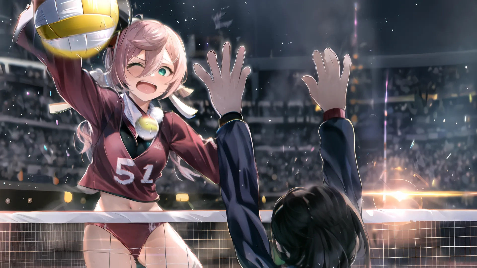 a girl is on the volleyball court holding the soccer ball with their hands while trying to block a volley that she's getting hit