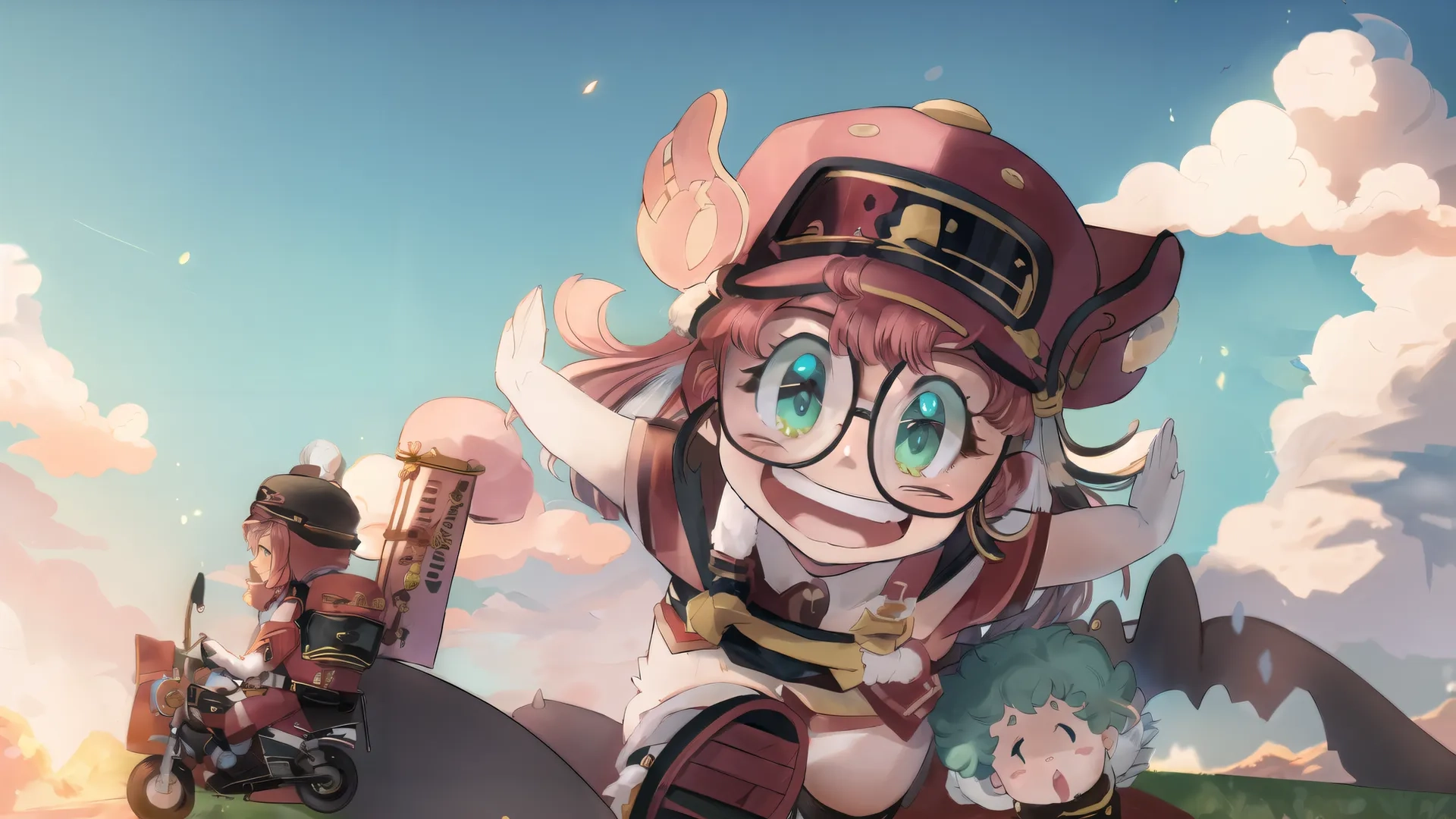 some anime style characters are holding guns in front of a mountain and the sky above them is blue and cloudy, there are two people
