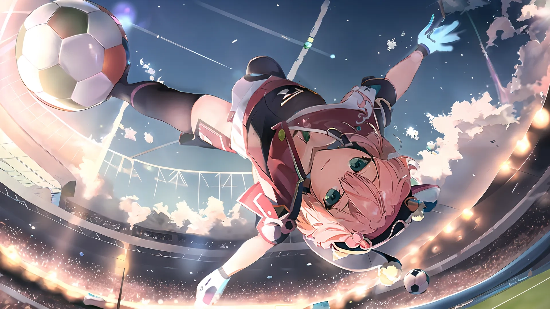 a female soccer player in the air near an outdoor stadium soccer field and audience in the stands with ball on leg and balls falling off
