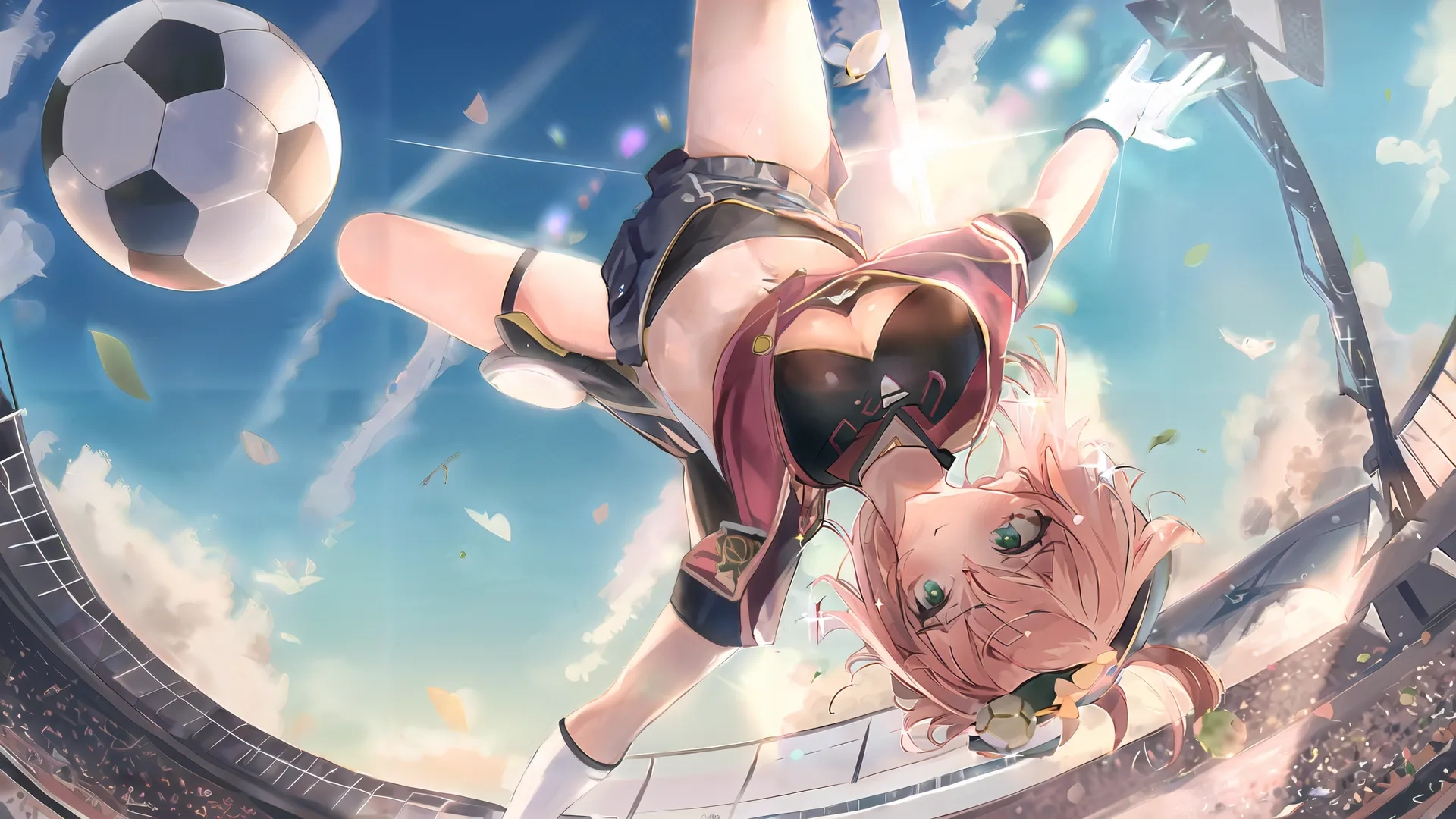 a woman kicking a soccer ball out a tall tunnel of some sort in the sky, with her legs in air over her head and two legs raised, wearing high