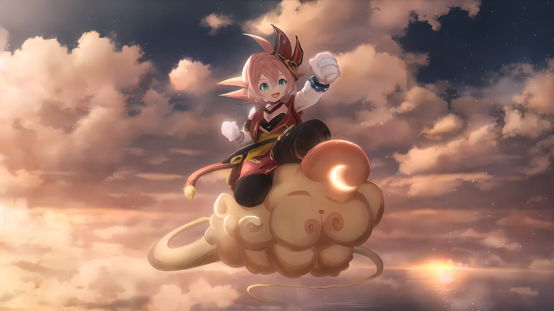 a cartoon cat ride on the front of a teddy bear in front of clouds or mist or water, and it appears like he can fly high up into the sky
