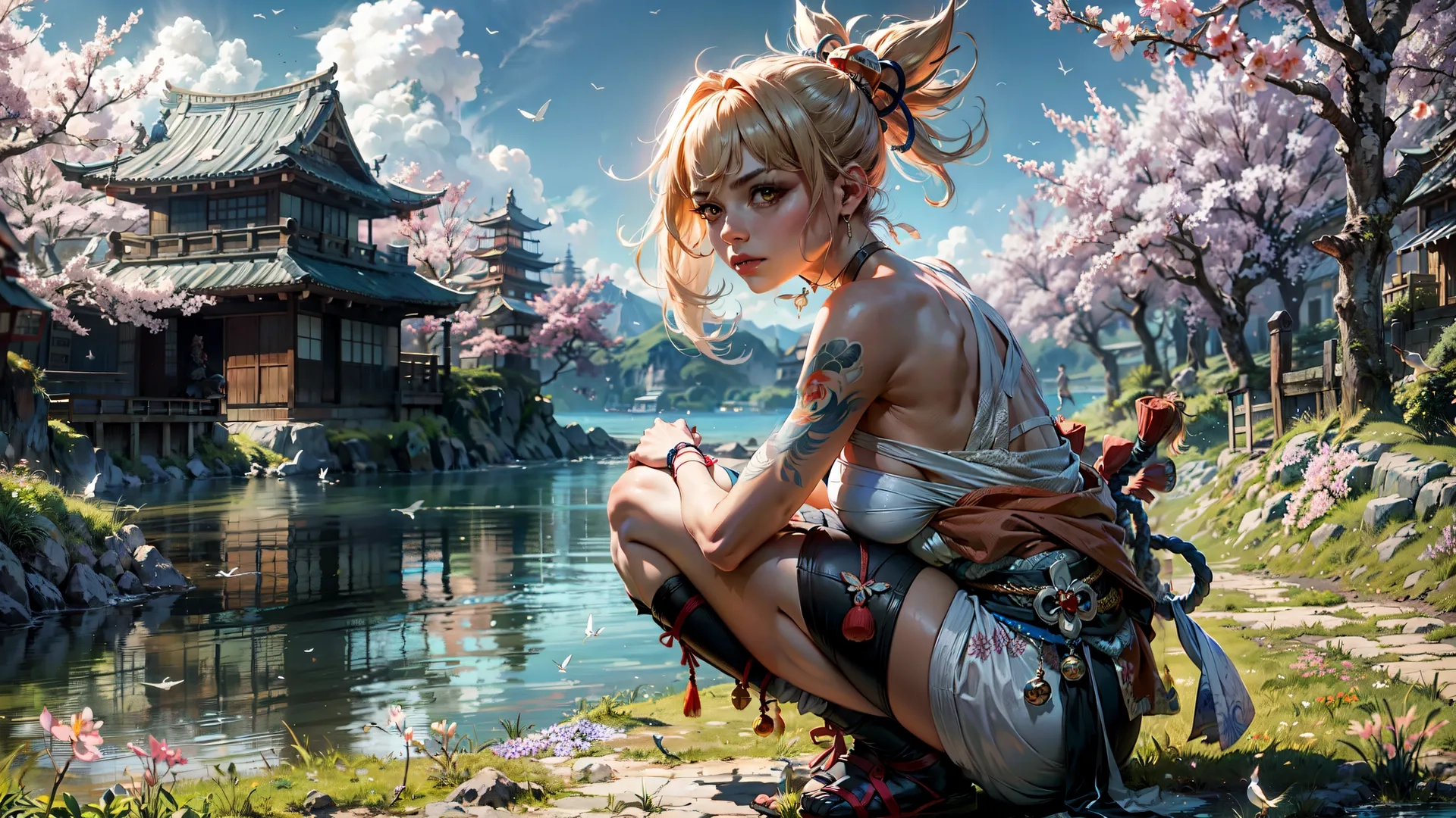a girl in white cloth with long blonde hair, boots and dress sitting outdoors by a pond near flowers and temple area with large windows