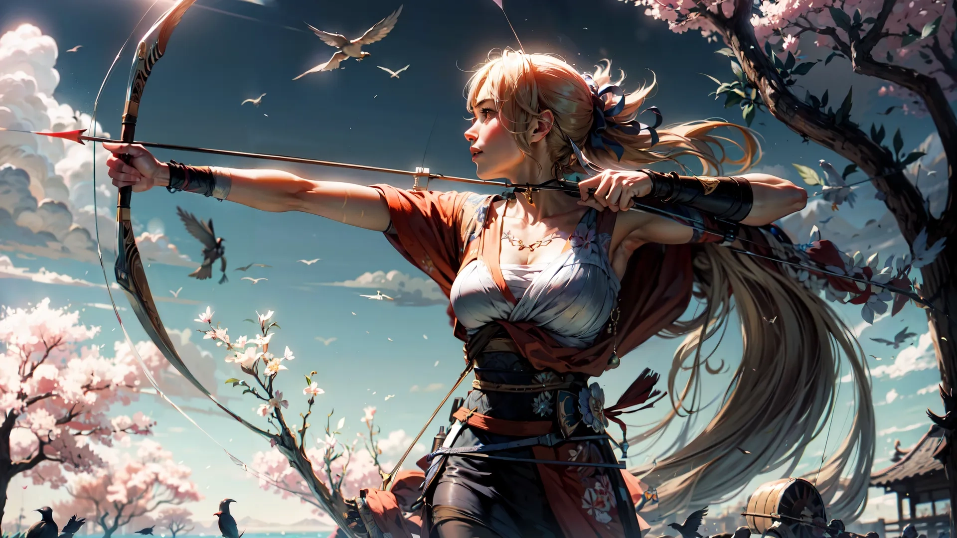 woman wearing clothes and holding a long bow with trees in the background and a sky with birds flying above her and a body of water and buildings beyond it