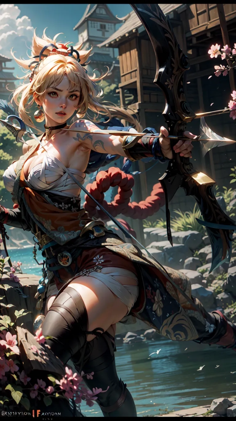 a woman wearing armor in the background of some houses with an elaborate bow and trees in the foreground and flowers on the outside,