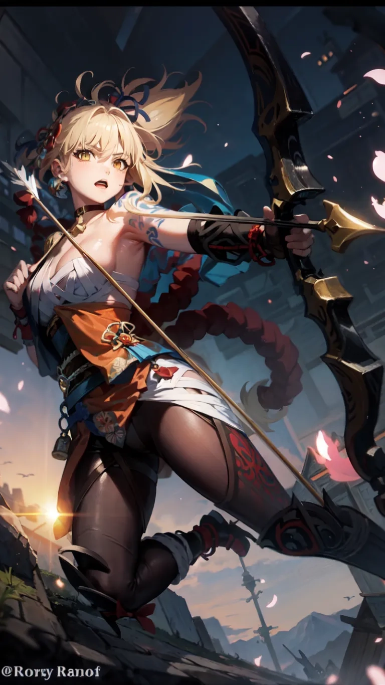 a girl in a blue dress and a bow is holding a bow in one hand and another hand with arrows behind her back and chest