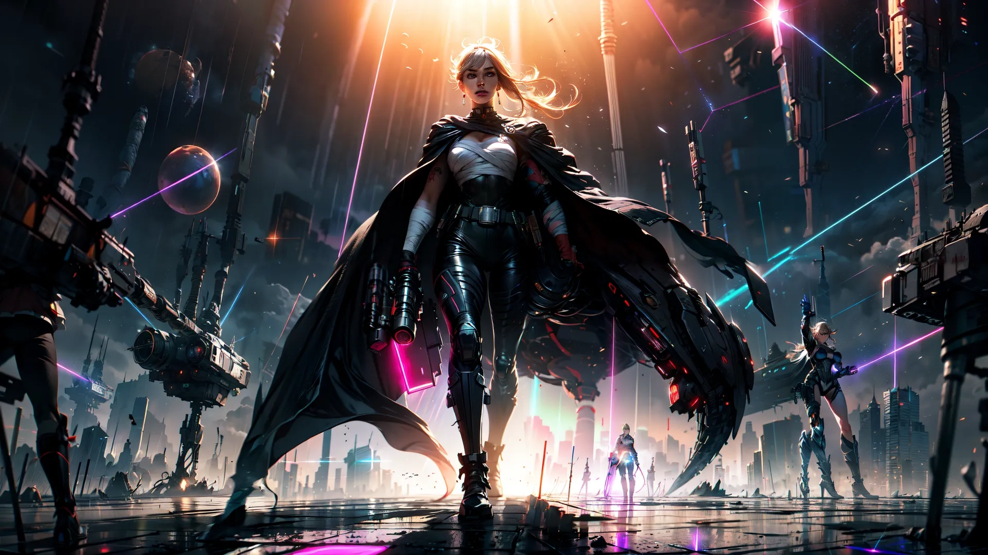 cyber fantasy art of women in black and white clothes, surrounded by futuristic figures and a bright shining star bursting over them's night