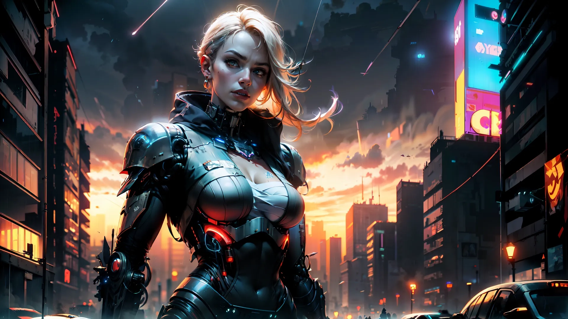 a woman walking down a deserted road next to buildings with futuristic sci fiction on it, near a neon theater sign and traffic lane lights