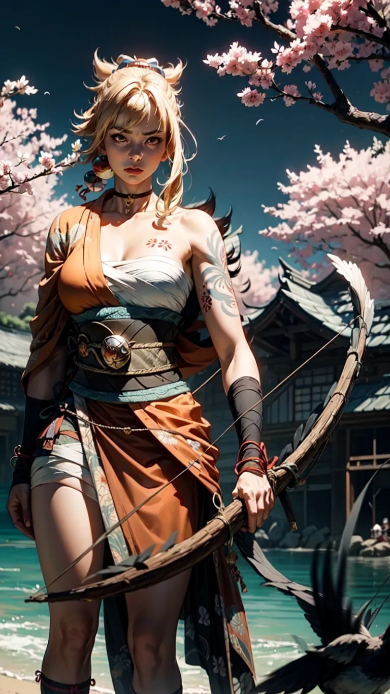 an asian woman dressed in costume is standing outdoors and holding bows in each hand next to water and trees in the background, while a bird stands in the foreground