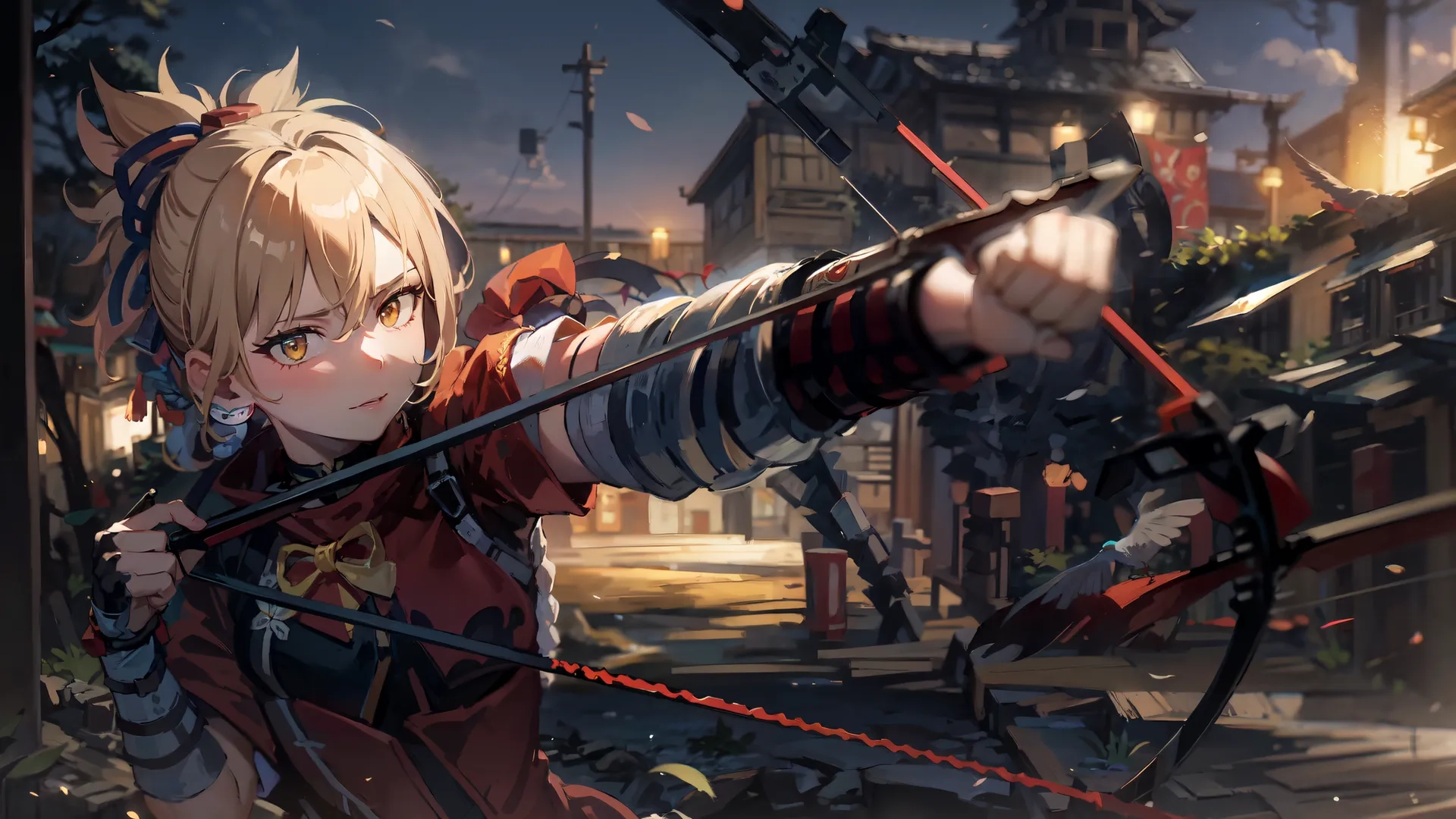 an anime girl standing holding a bow while in front of some buildings in the daytime, while holding a short piece of string tied with one arm outstretched upwards and looking at the other