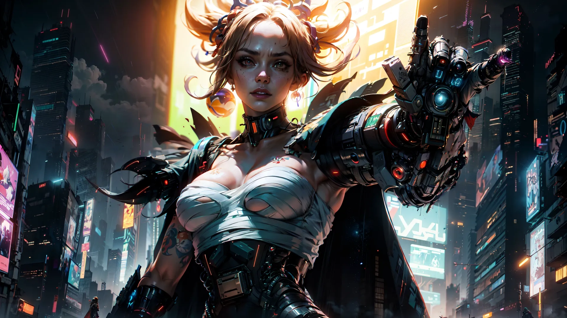 a woman holding a large weapon in the city on the street at night with light on buildings and signs around it on the ground and other sides of her
