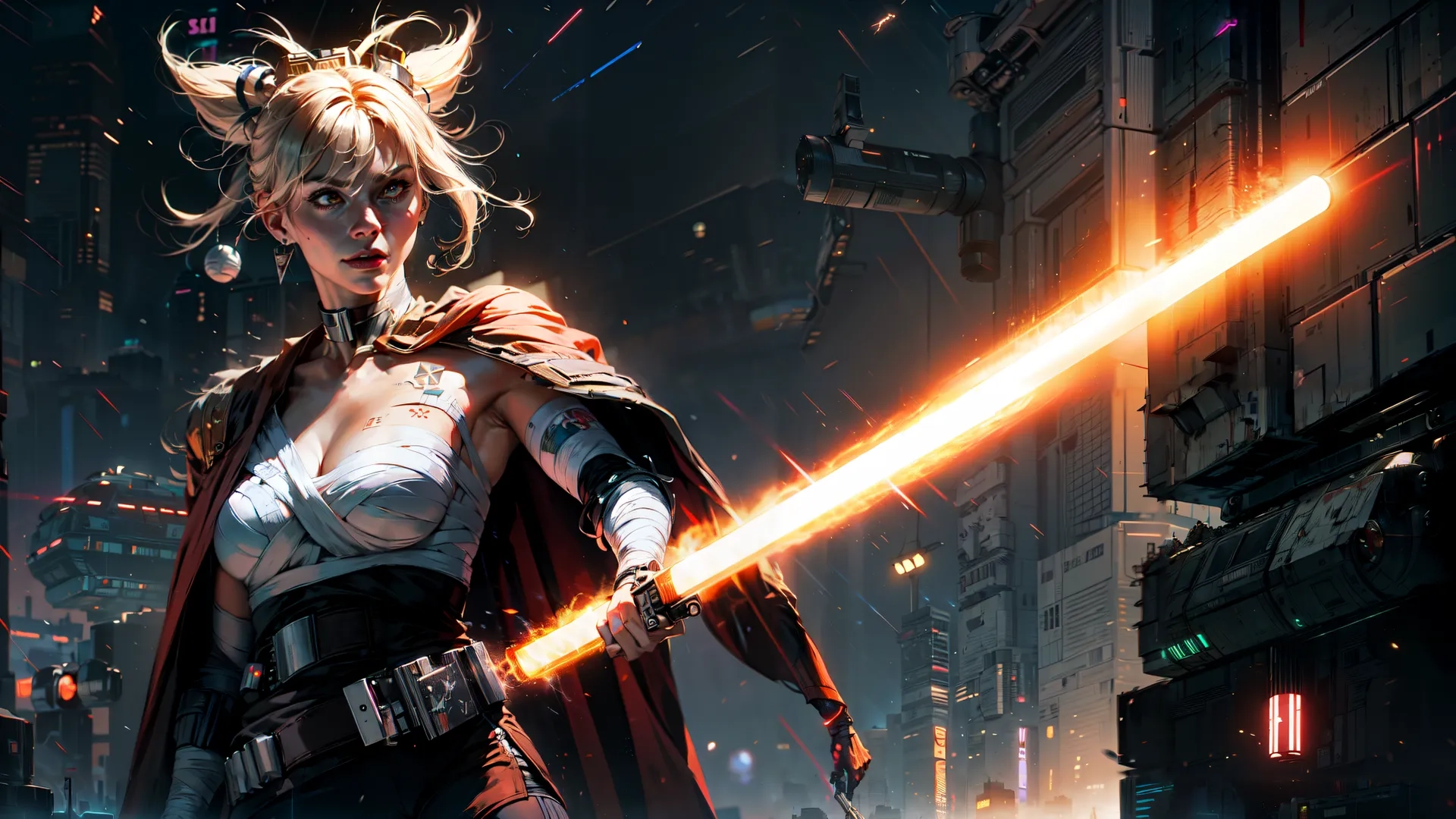 the girl in a cape is trying to attack a monster who was behind her, on a city street with lights coming from behind her