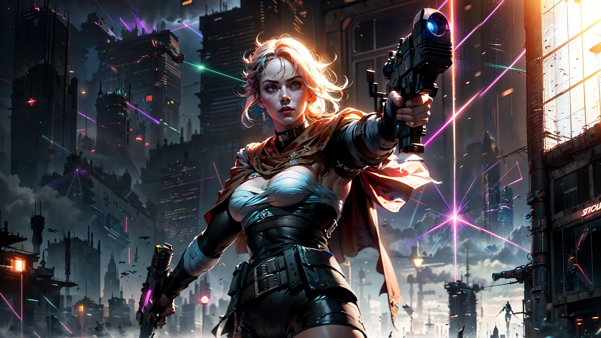 a woman standing in the rain with a gun in her hand holding some lights strung between her and behind her on the city street above