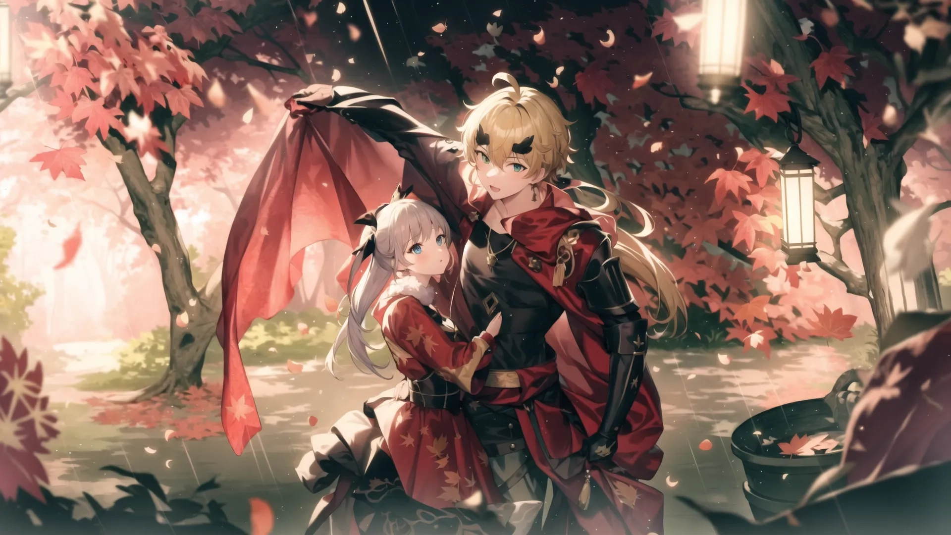 there is a female character dressed as an animated female sitting on a swing with an umbrella in her hand and another character looking behind her