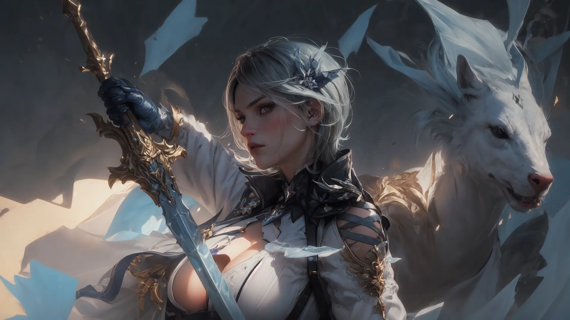 a woman dressed as a wolf stands next to her holding a sword in front of a large white horse by the water's edge
