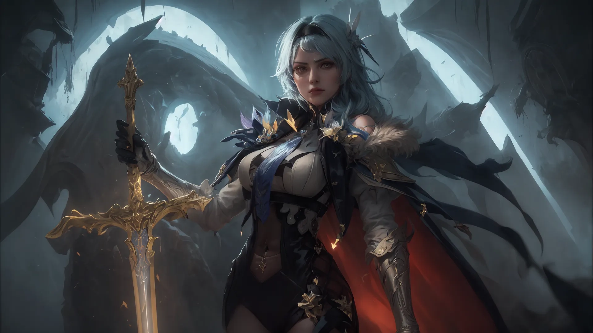 a female warrior standing with her sword in a forest at night time while holding a shield and a sword between her two hands that are facing each other
