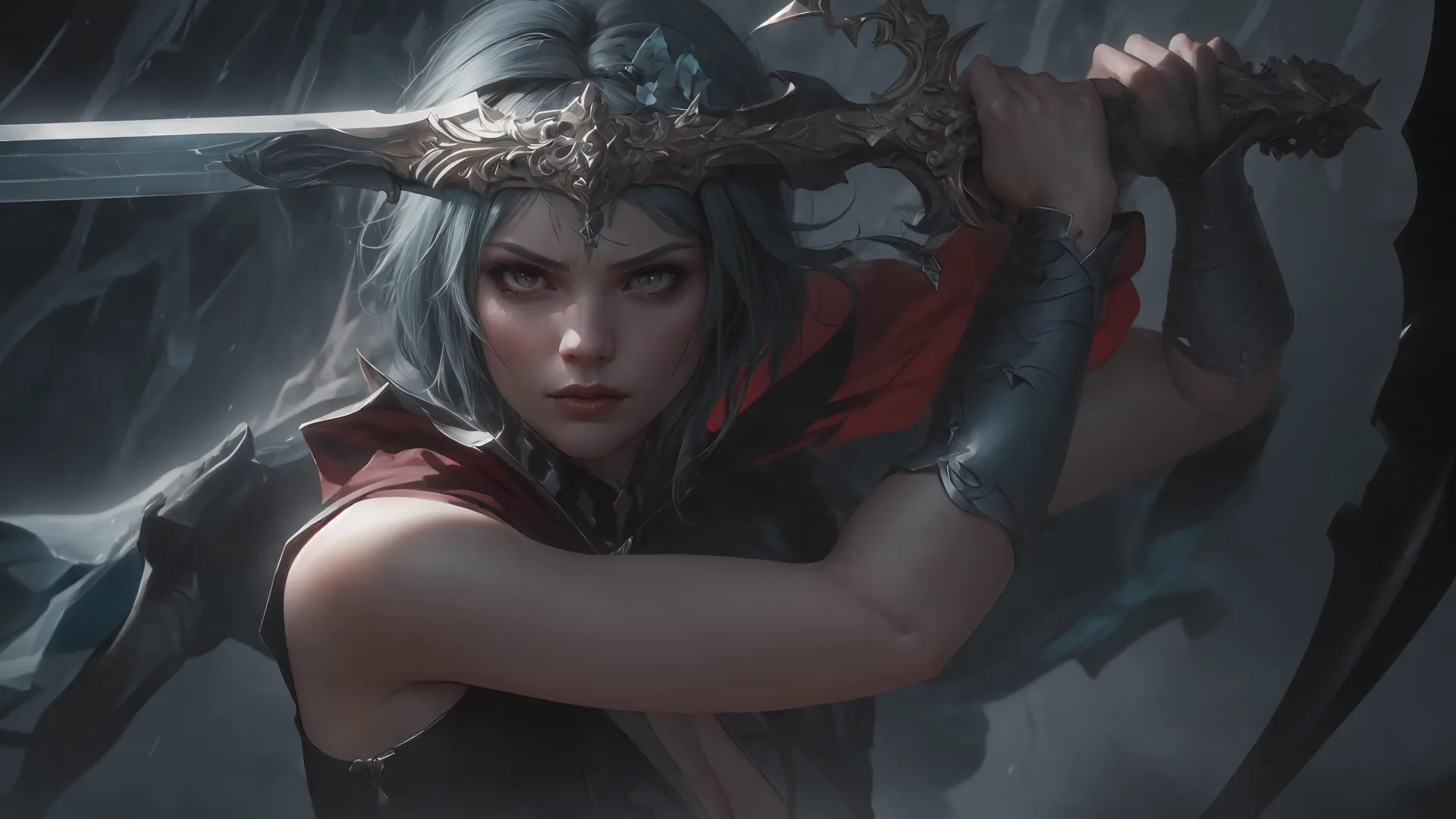 woman with sword in her hand while standing in front of dark background, digital painting with lighting effect image from the top right corner of face
