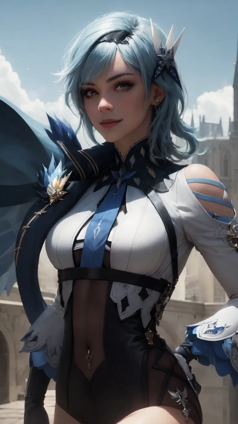 an anime girl wearing armor with a sword in his hand, near some castle buildings and tower towers, she is dressed in costume and well