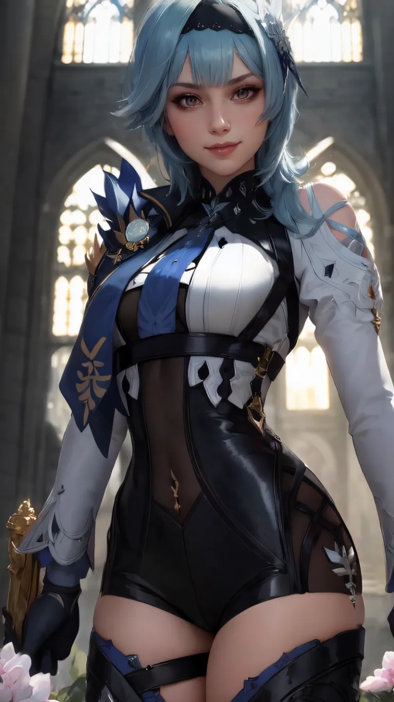 a woman dressed up as an angel with blue hair posing by the ruins of a cathedral at sunset and holding up a knife to her face