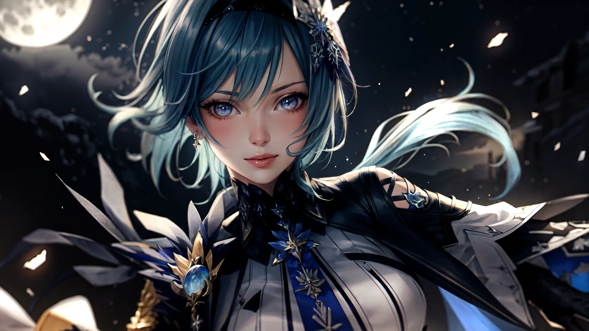 a beautiful anime with long blue hair sitting on a bench next to a full moon behind her on a cloudy day, with snow surrounding the sky
