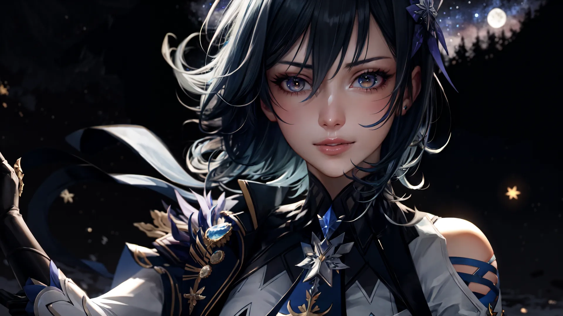 there is an asian character wearing a blue dress and black clothes and looking back over his shoulder to the side at night time with stars all around her
