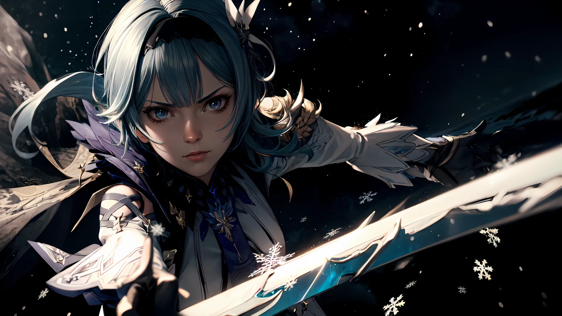 a woman sitting by the snow holding a sword and looking down at the street with dark and stormy skies in the background and a man standing near him and behind
