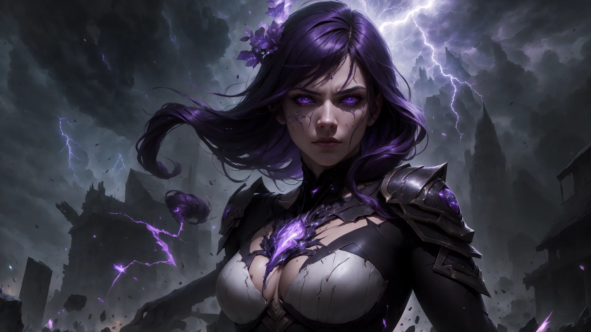 a character from league of angels wearing purple feathers is shown in this image, with lightning coming down over her head and busts turned up