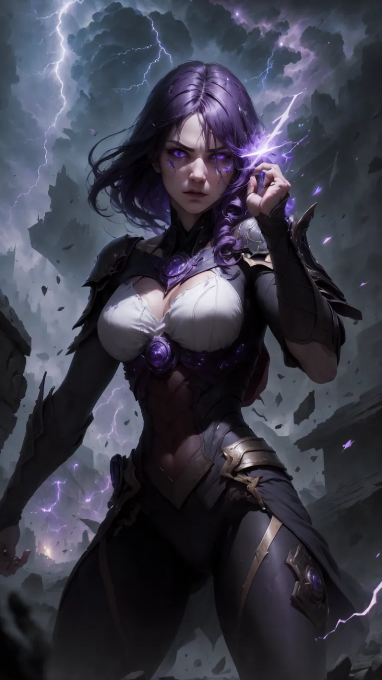 a very sexy girl with purple hair under dark skies and lightnings behind her is holding an ax and a firework on her arm