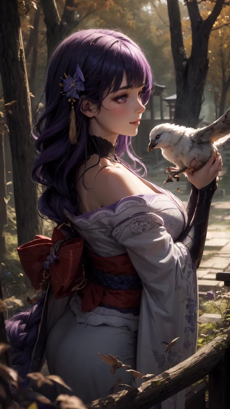 woman in renaissance costume holding bird at wooden bridge by woodside in sun day scenery by sunny light tree filled path, sun rise over the trees and sun flare with leaves, the branches
